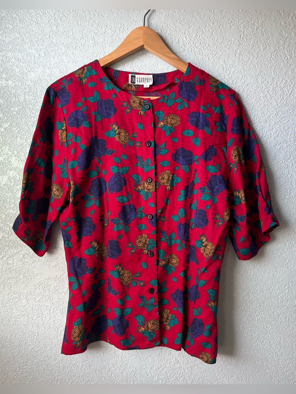 Vintage SK & Company Floral Blouse Size 10 Red Purple Rose Button Front 80s 90s